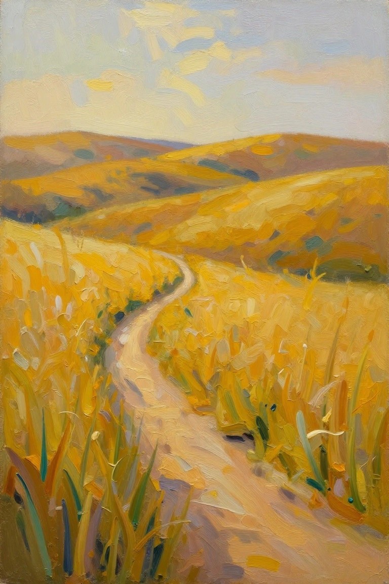Oil painting of golden rolling hills covered in yellow wheat fields with a winding dirt path under a light blue sky.