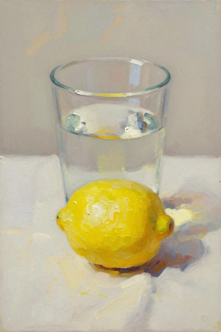 Oil painting of a yellow lemon leaning against a clear glass of water on a white tablecloth.