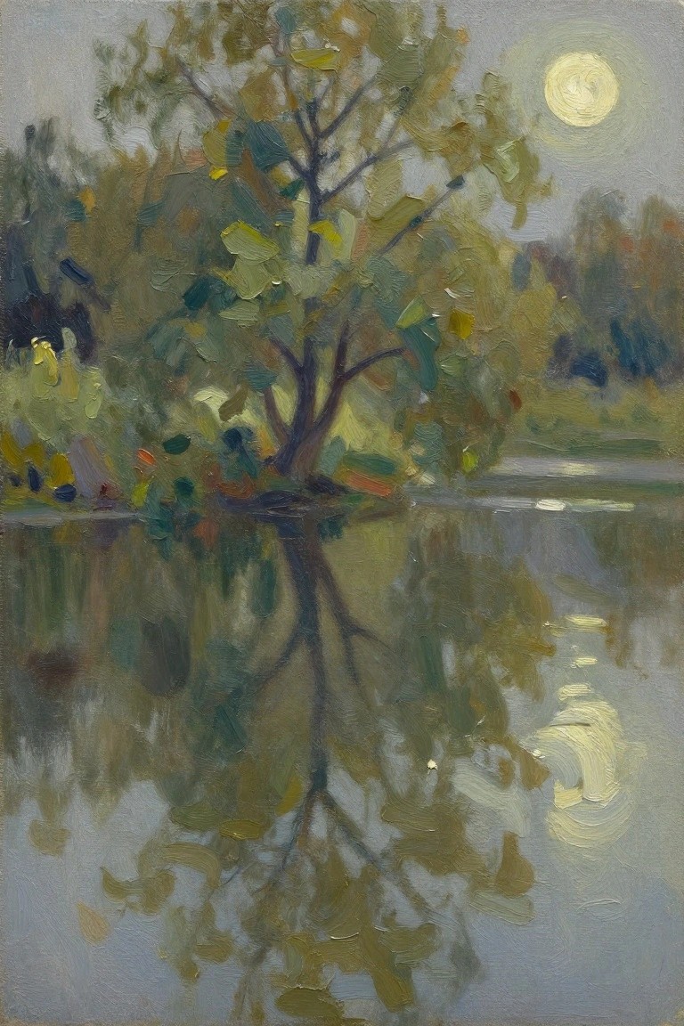 Oil painting of a tall tree with yellow-green leaves beside a reflective lake under a full moon at dusk.