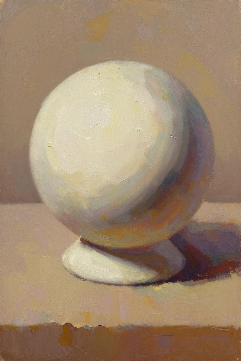 Oil painting of a smooth white spherical orb on a small stand atop a beige surface, rendered with soft blending and warm neutral tones.