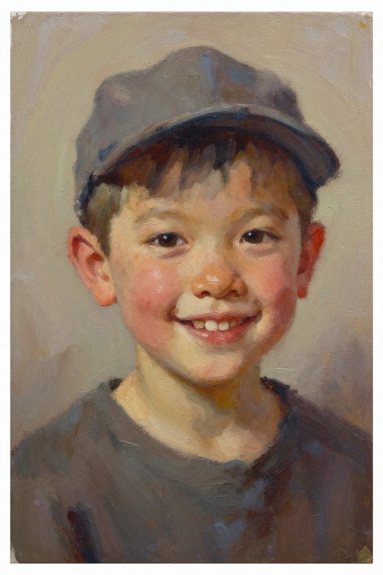 Oil portrait of a smiling young boy with rosy cheeks wearing a gray cap and t-shirt on a beige background.