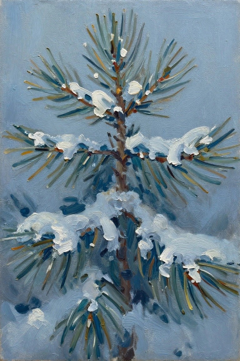 Oil painting of a small pine tree branch heavy with snow against a blue background.