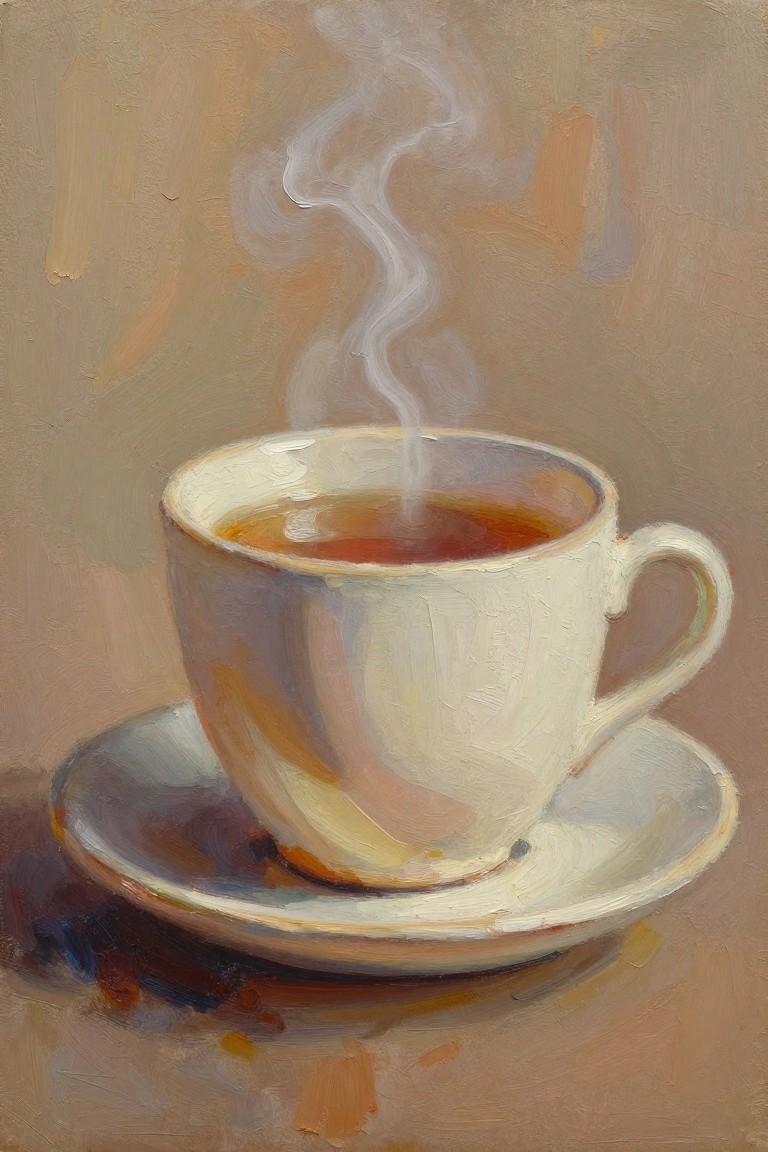 Oil painting of a white teacup with steaming brown tea on a saucer against a beige background.