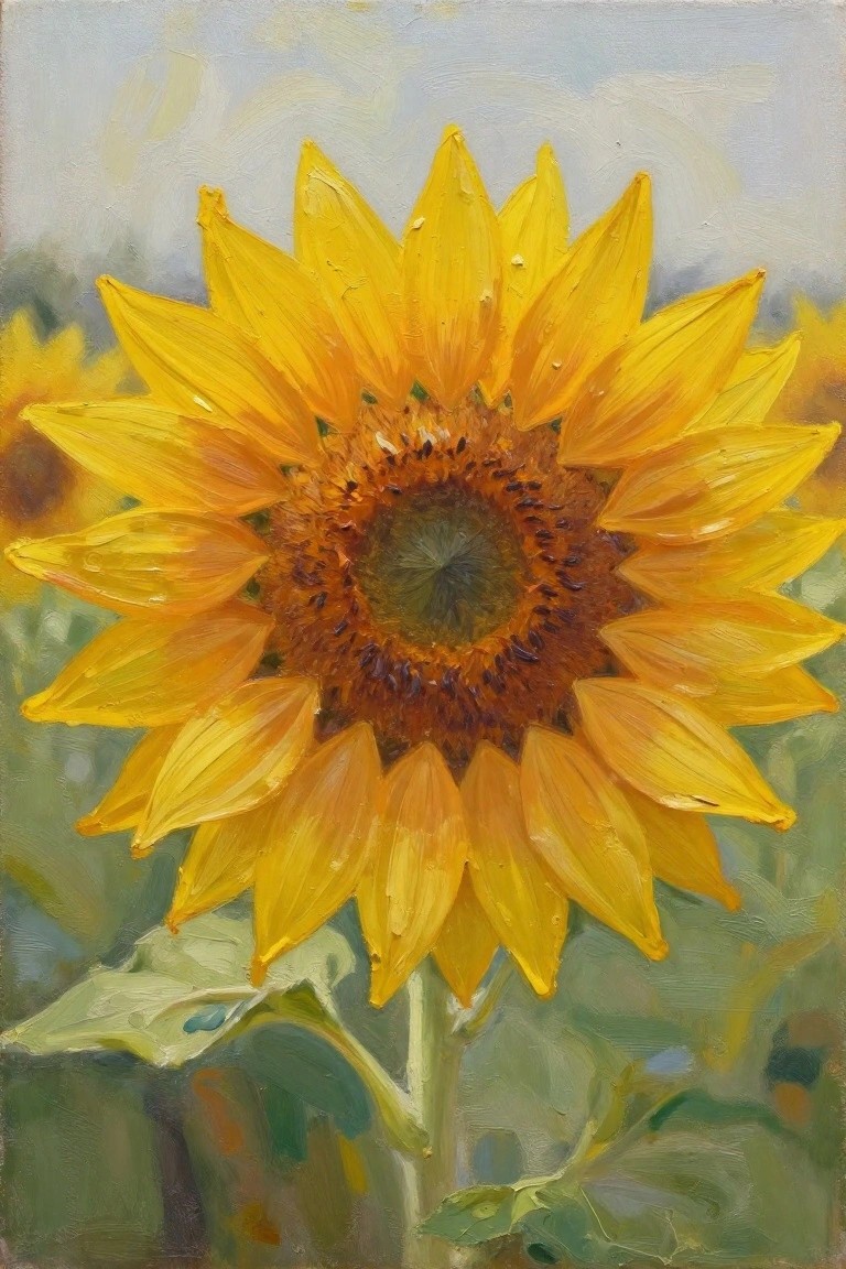 Oil painting of a close-up sunflower featuring vibrant yellow petals, textured brown center, and soft green background.