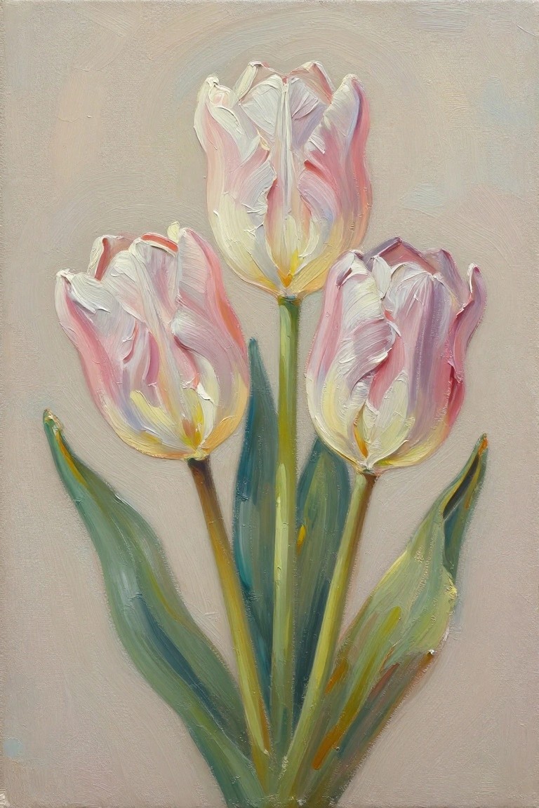 Oil painting of three upright pink tulips with white edges and yellow centers on green stems and leaves against a beige background.