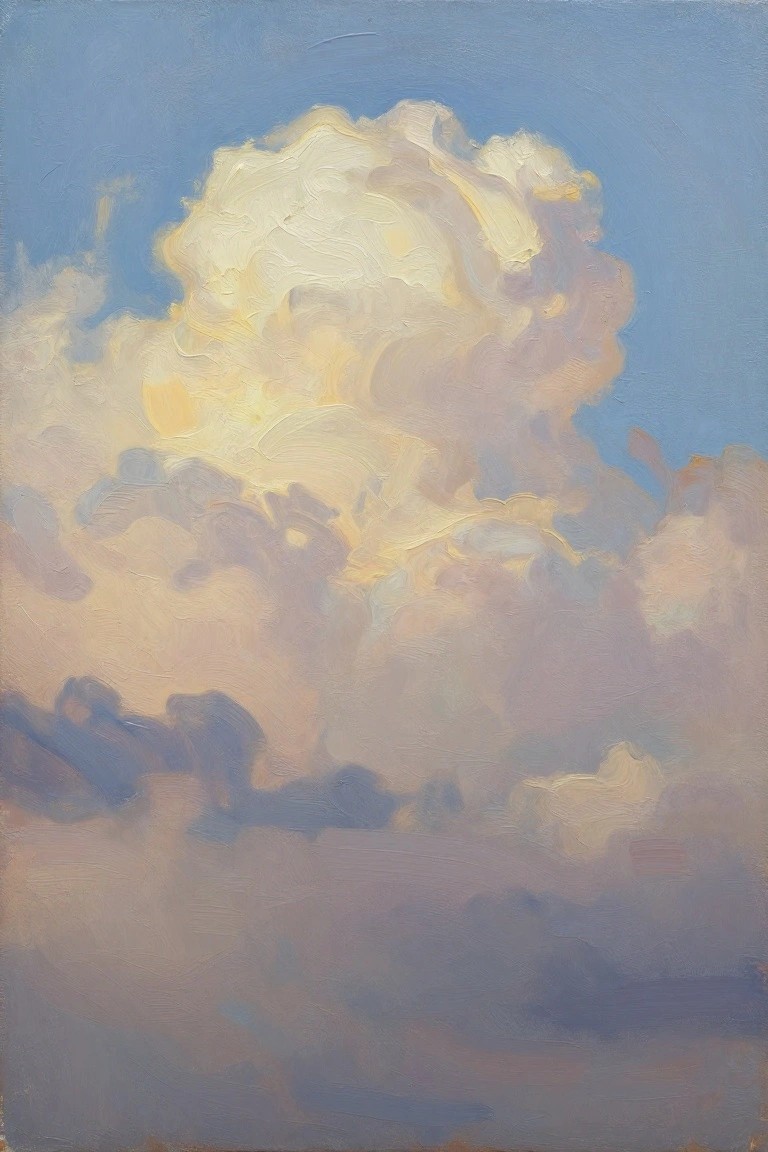 Oil painting of a large fluffy white cloud with golden highlights against a blue sky fading to pink and gray at the bottom.