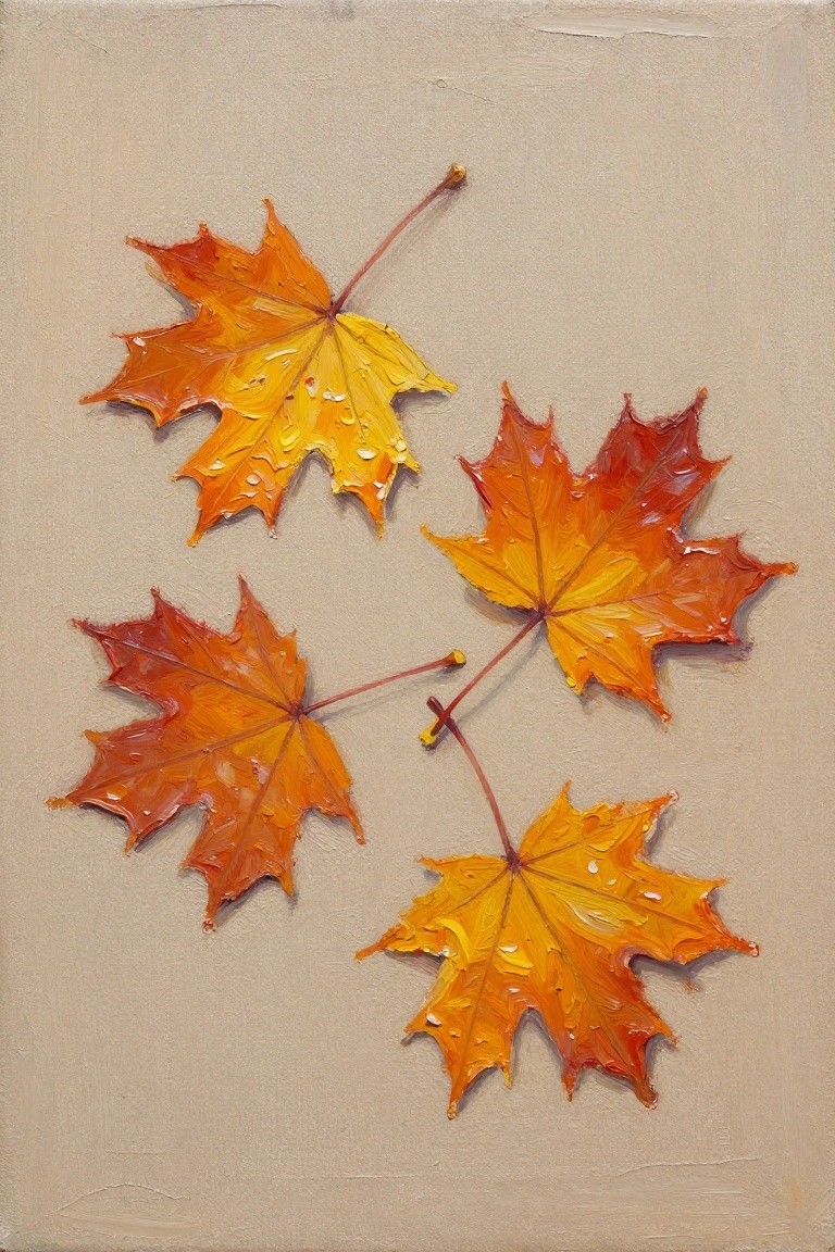 Oil painting of four textured orange and yellow maple leaves with stems arranged on a beige canvas.