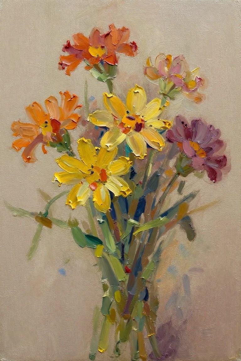 Oil painting of a bouquet with yellow daisies, orange flowers, pink-purple blooms, and green stems on a beige background.