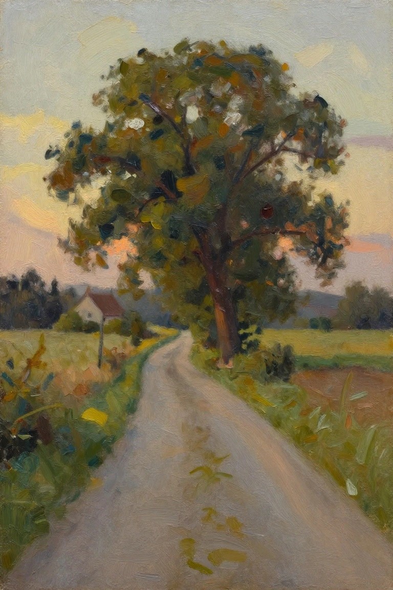 Oil painting of a large tree with autumn foliage beside a winding dirt road through fields, a small house in the background, and a pink-orange sunset sky.
