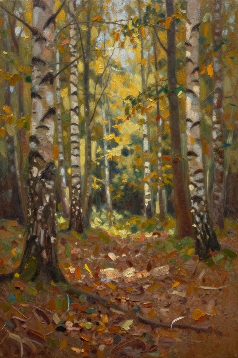 Oil painting of a birch forest in autumn featuring white-trunked trees, yellow foliage, and a leaf-covered path receding into the woods.