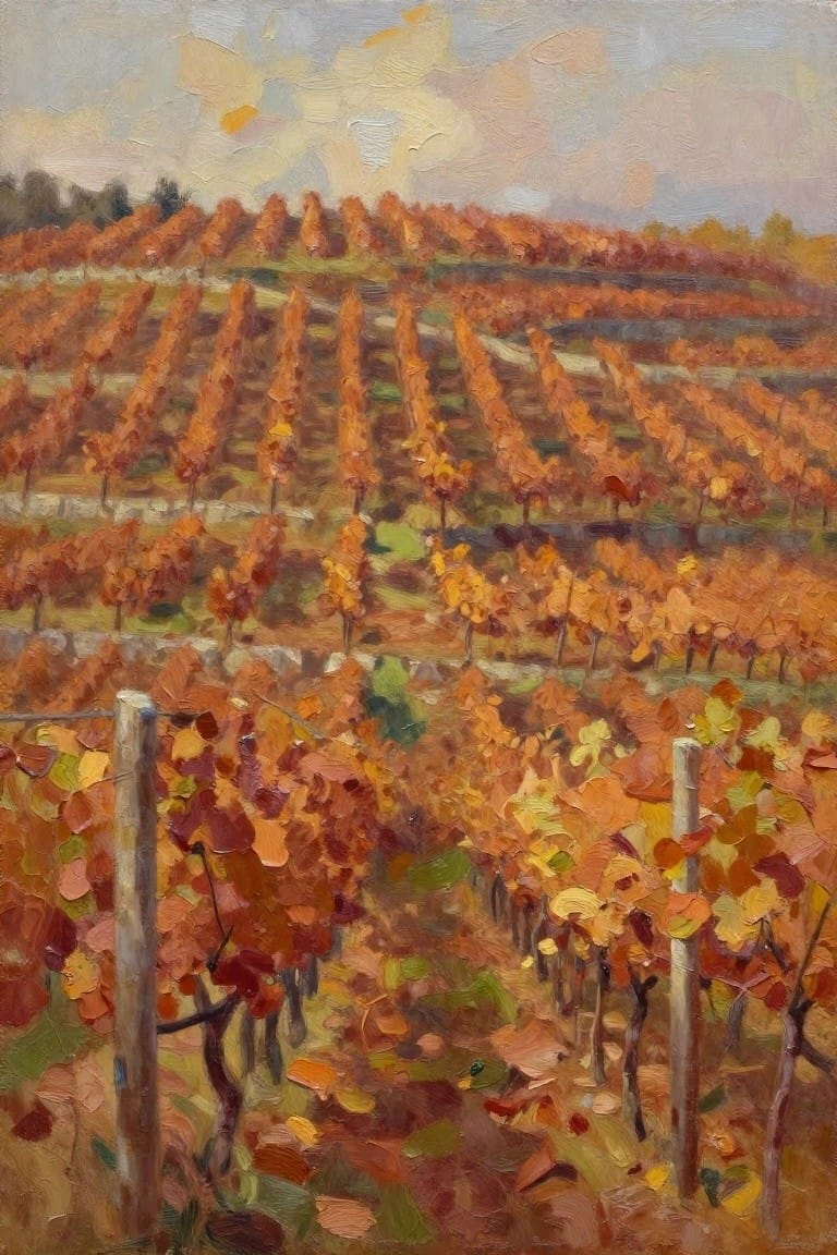 Oil painting of terraced vineyard rows with orange and yellow autumn grape leaves, central dirt path between posts, and partly cloudy sky over hills.