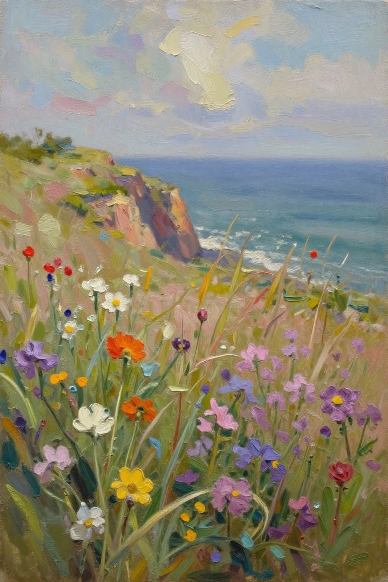 Oil painting of colorful wildflowers and grasses on red cliffs overlooking a blue ocean under a cloudy sky.