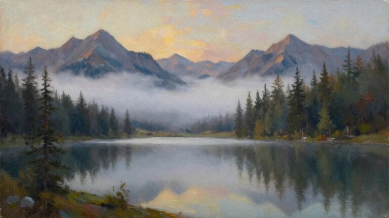 23 Stunning Landscape Oil Painting Ideas for a Timeless Art Studio Vibe Oil painting of a snow-capped mountain peak reflected in a calm lake surrounded by pines and mist under a light sky.