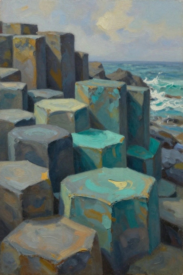 Oil painting of stacked hexagonal basalt columns along a coastline with crashing teal waves, gray rocks, and cloudy sky.