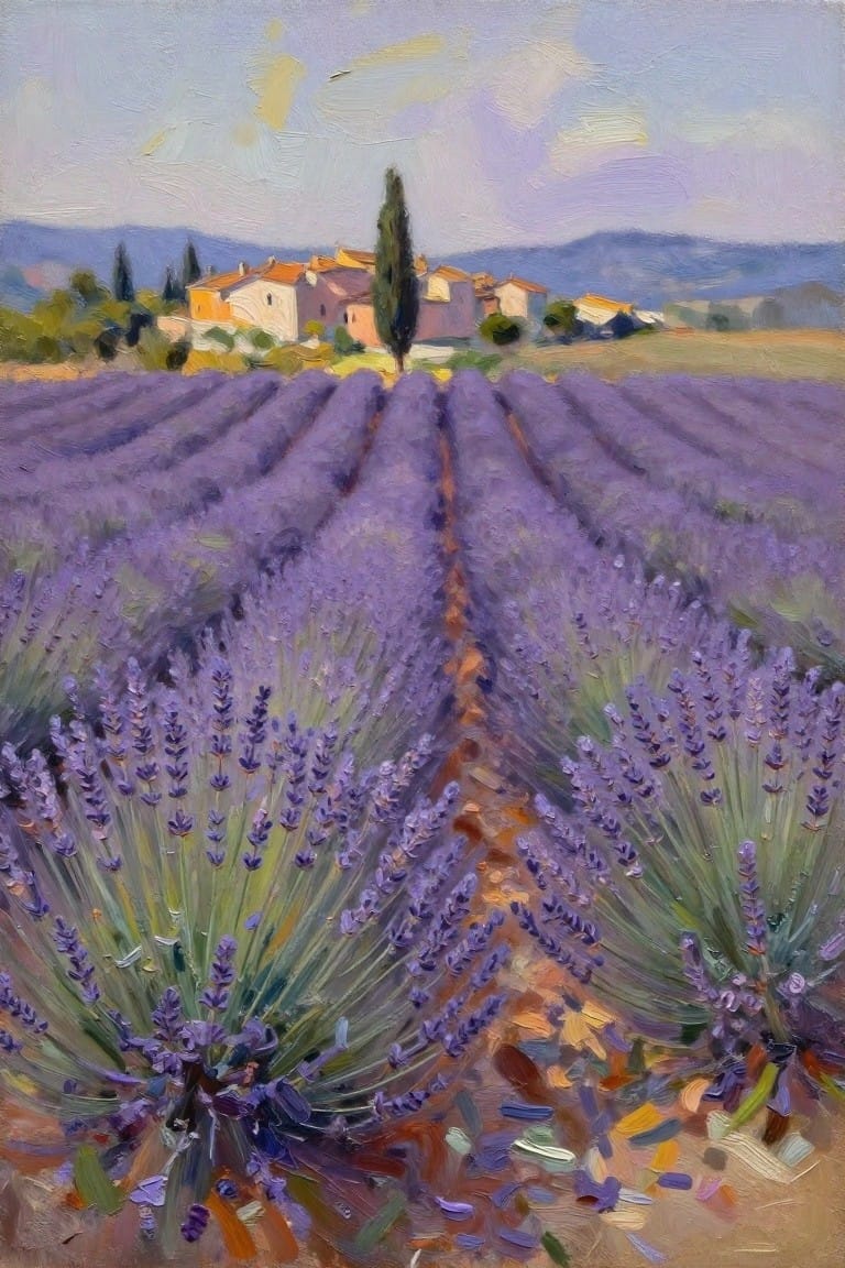 Oil painting of purple lavender fields in rows along a dirt path leading to a distant ochre-roofed village with cypress trees and hills under a cloudy sky.