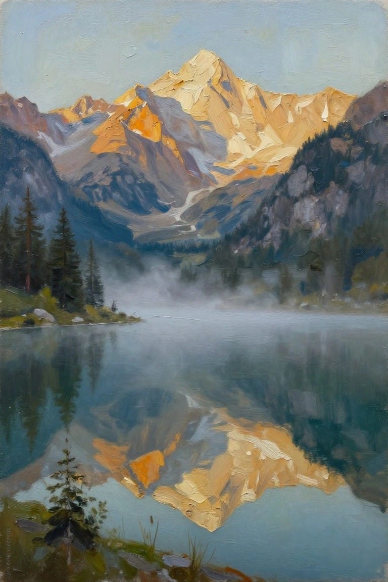 Oil painting of a snow-capped mountain peak reflected in a calm lake surrounded by pines and mist under a light sky.