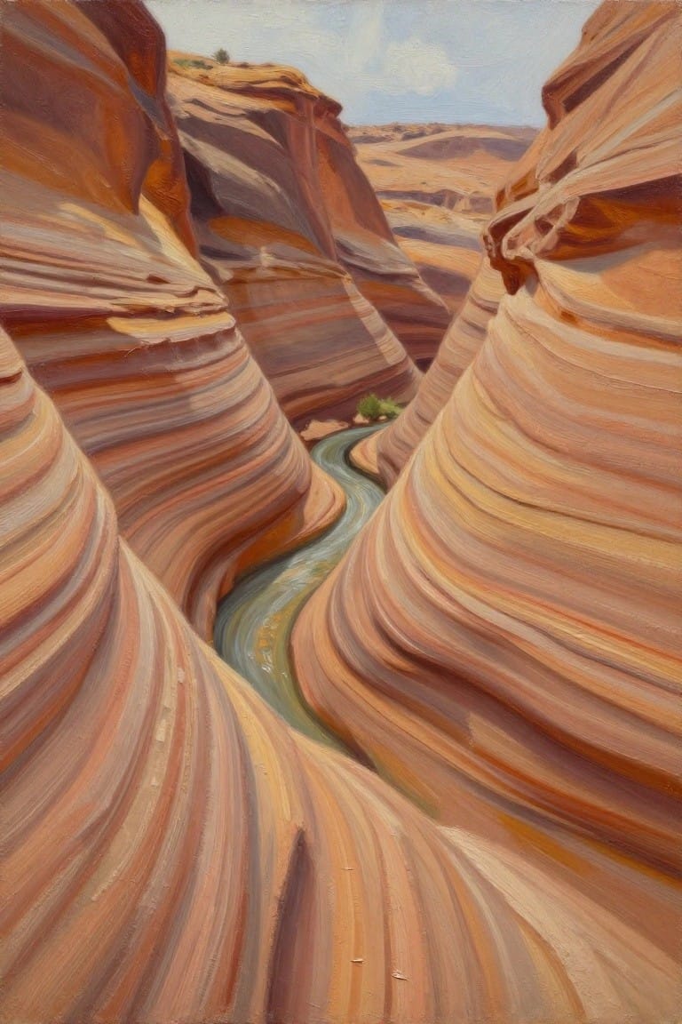 Oil painting depicting a green river curving through tall, layered orange-red slot canyon walls under a clear sky.