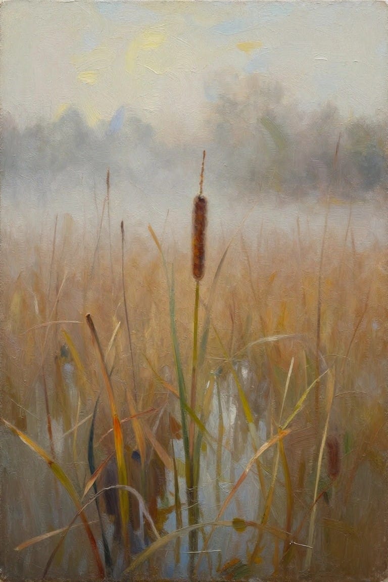 Oil painting of a central cattail amid golden reeds in a misty wetland with foggy trees in the background.