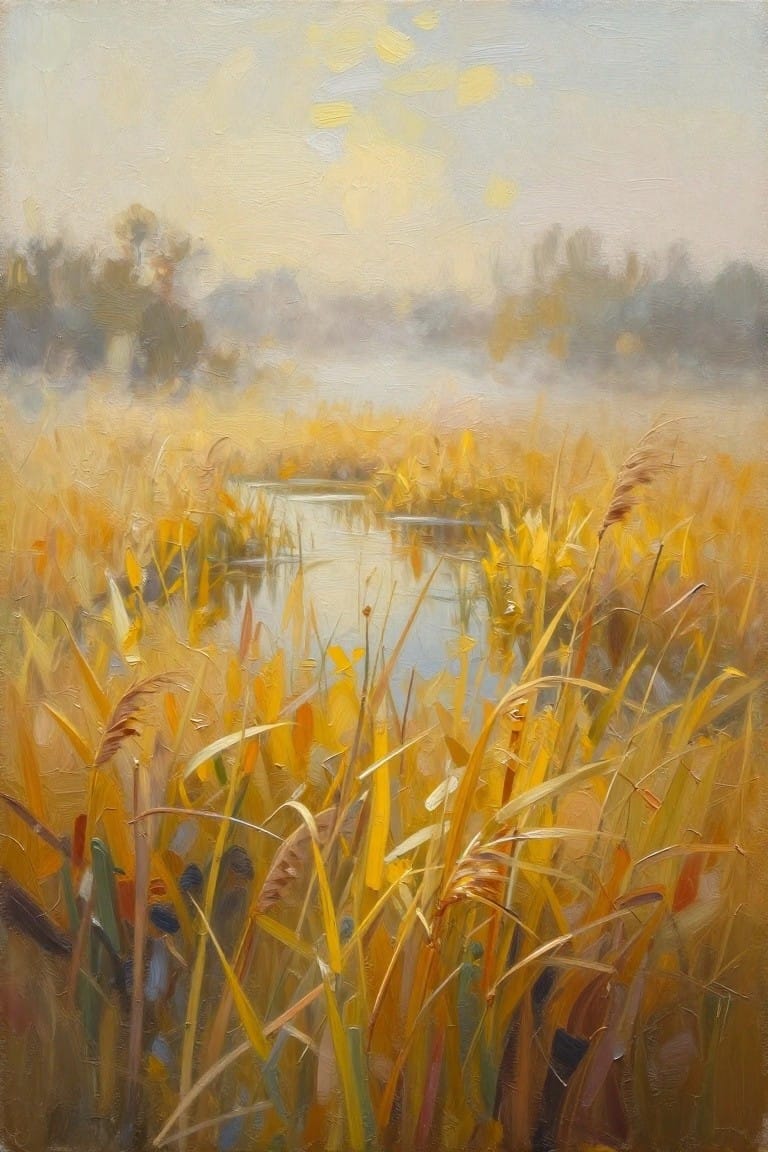 Oil painting of golden reeds surrounding a misty waterway with distant foggy trees and soft sunrise light.