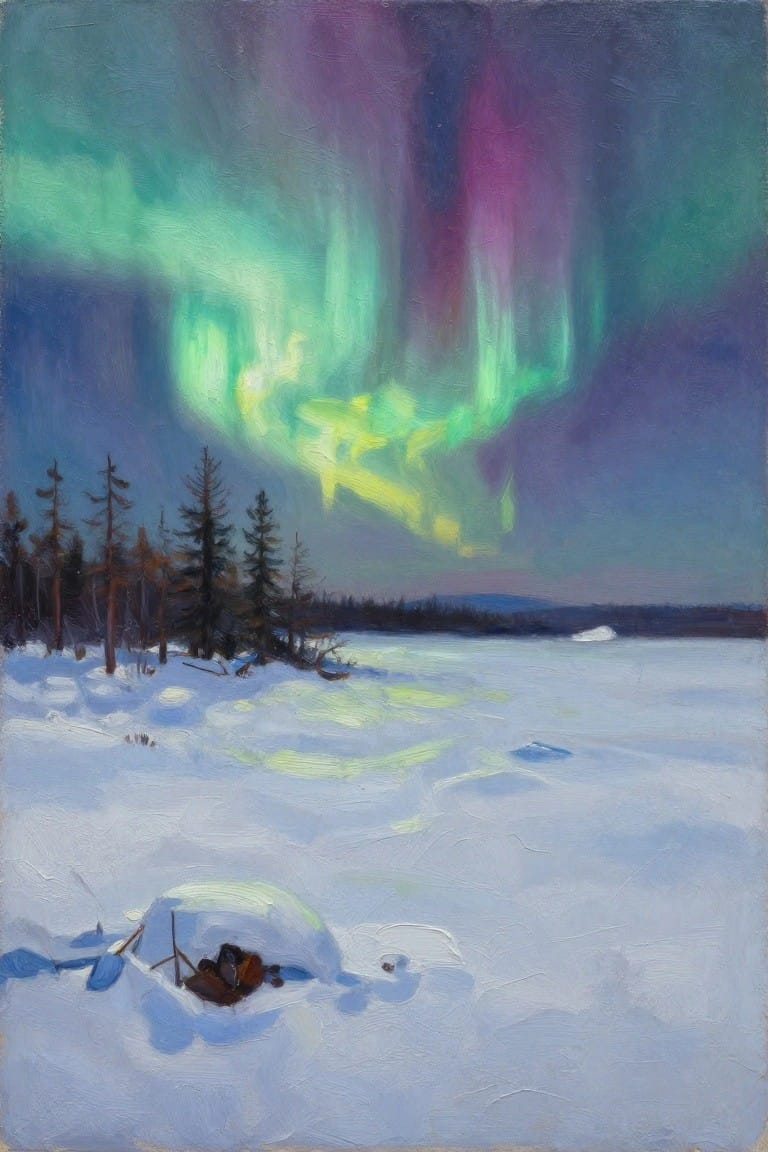 Oil painting of vibrant green and purple Northern Lights above a snowy landscape with dark pine trees and a frozen foreground.