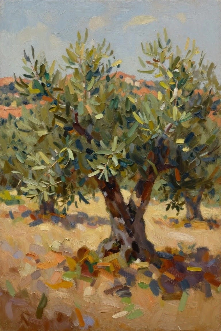 Oil painting of multiple olive trees with gnarled trunks on dry golden ground, reddish hills in background, and blue sky above.