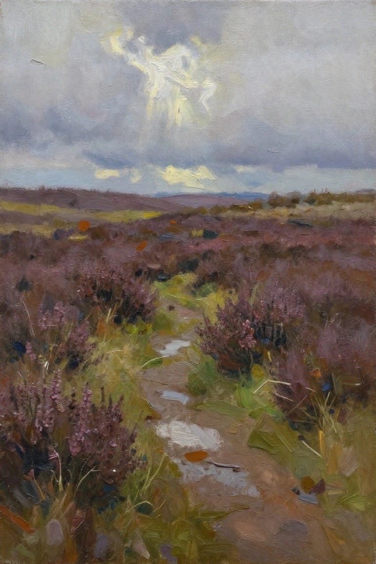 Oil painting of purple heather-covered moorland with a winding wet path through green grass and sun rays shining from cloudy skies.