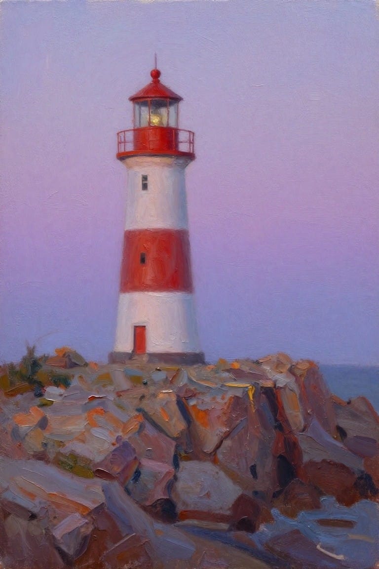Oil painting of a red and white striped lighthouse on rocky seaside cliffs at twilight with glowing lantern room and purple sky.