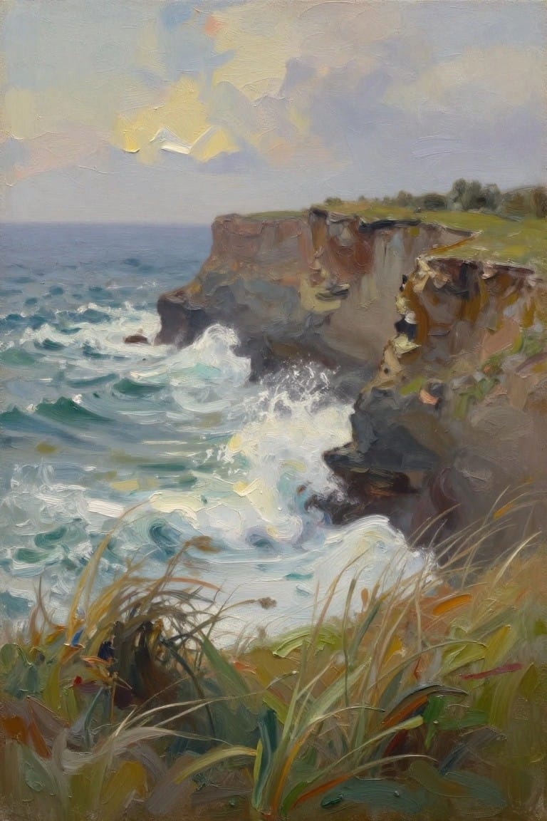 Oil painting of reddish-brown cliffs edged with green grass overlooking blue ocean waves crashing below, under a cloudy sky with yellow sunlight.