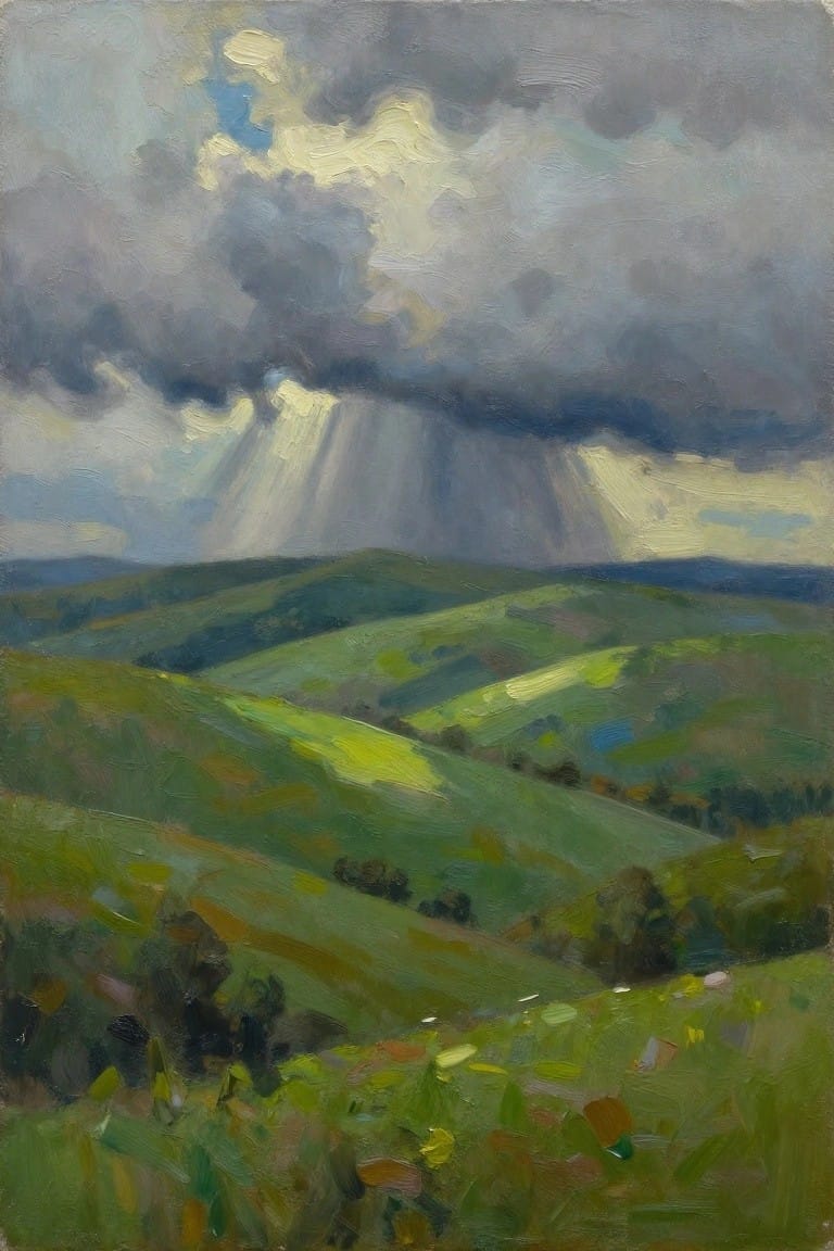 Oil painting of rolling green hills and fields under dark storm clouds with golden sun rays breaking through.