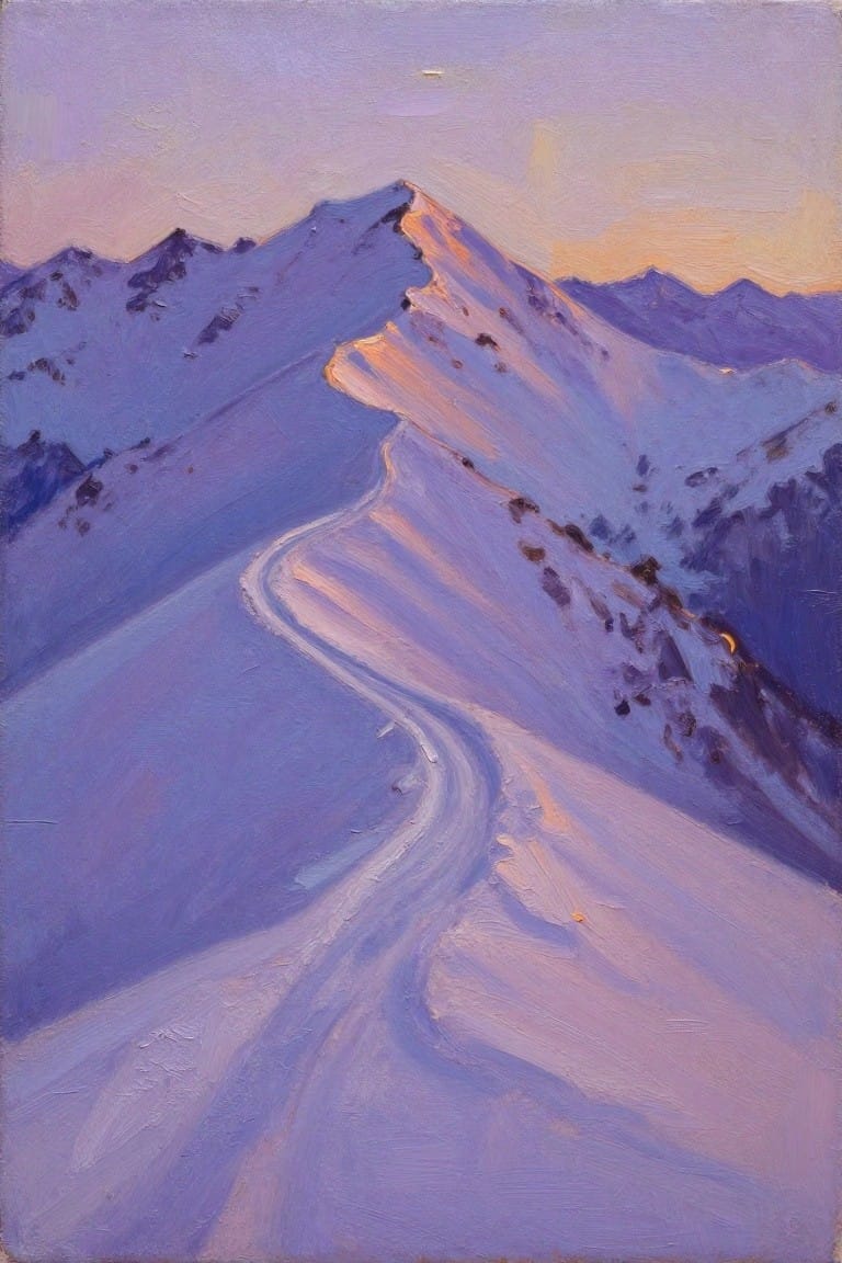 Oil painting of a snowy mountain ridge with a curving trail lit by sunset in purple, blue, white, and orange tones.