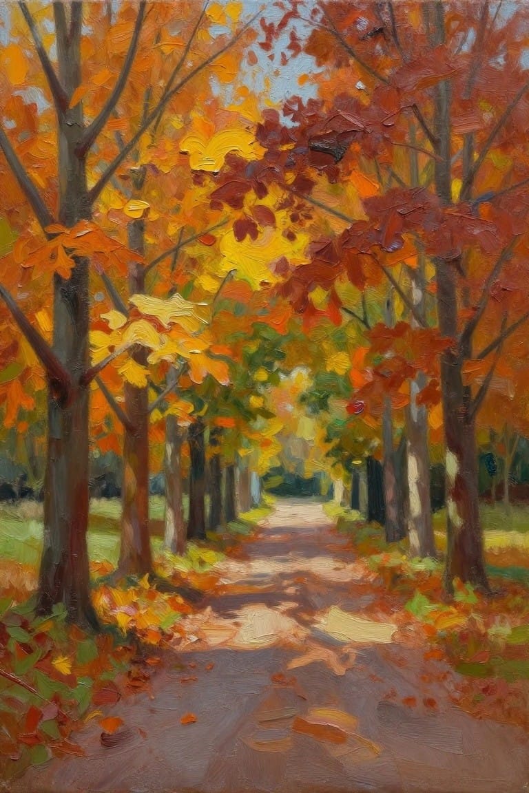 Oil painting of a dirt path lined with autumn trees in orange, yellow, and red foliage under dappled sunlight.