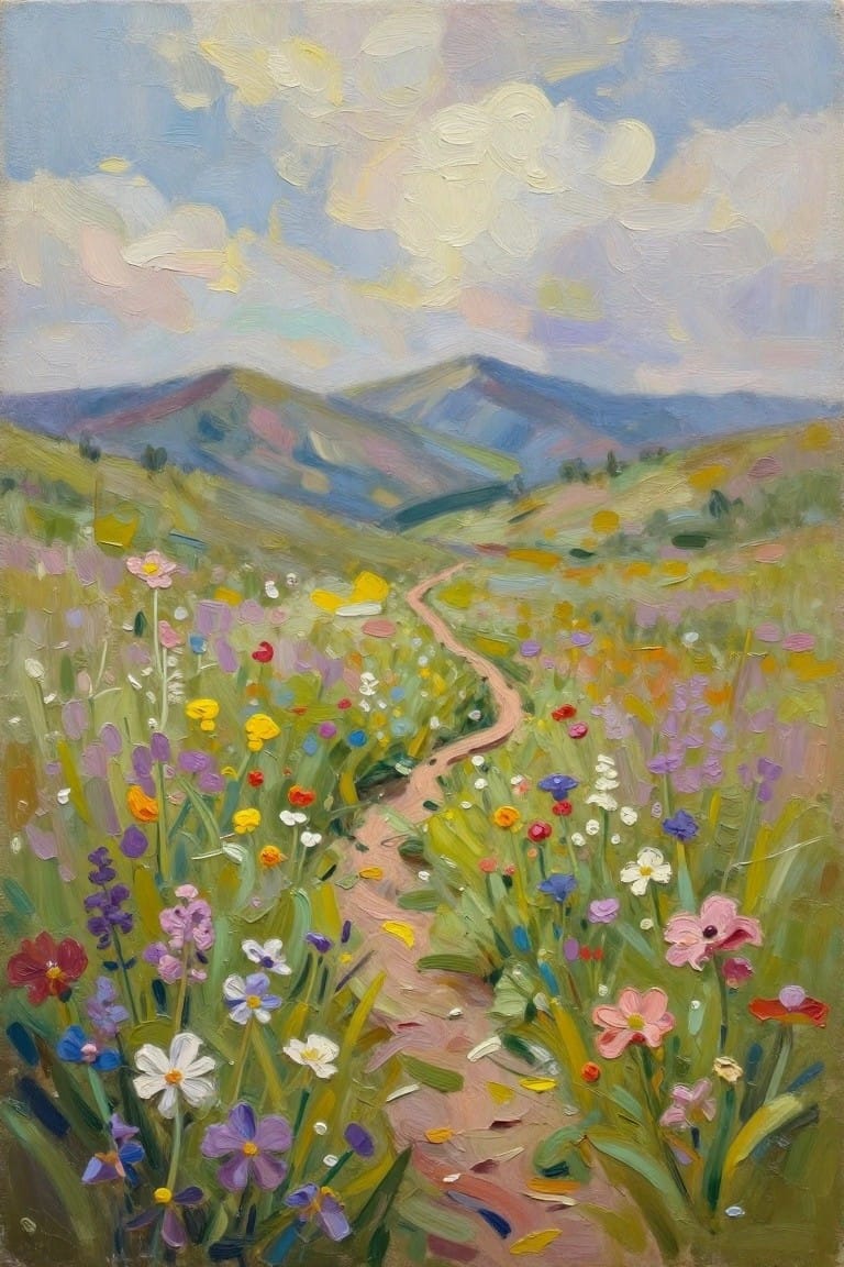 Oil painting of a curving dirt path through a wildflower meadow with distant rolling hills under a cloudy sky.