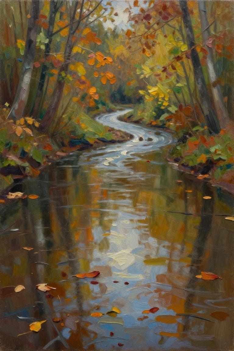 Oil painting of a curving stream winding through autumn woods with birch trees, colorful fall leaves, and reflections in the water.