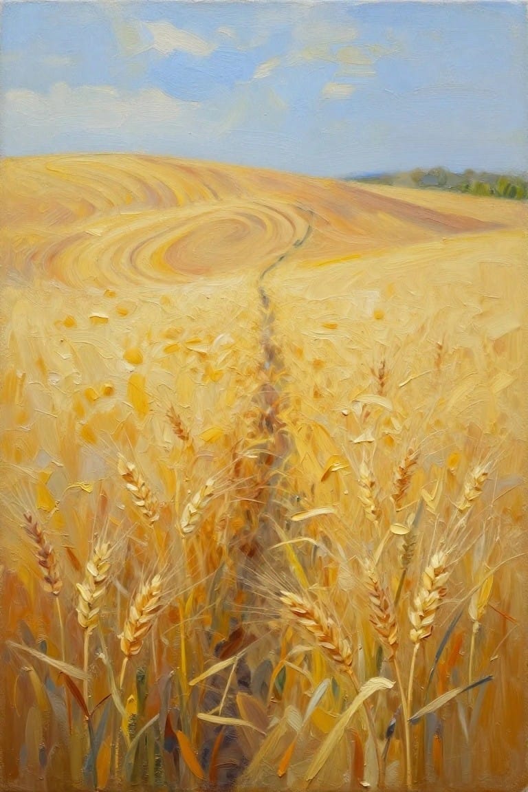 Oil painting of rolling golden wheat fields with a foreground path under a blue sky and clouds.
