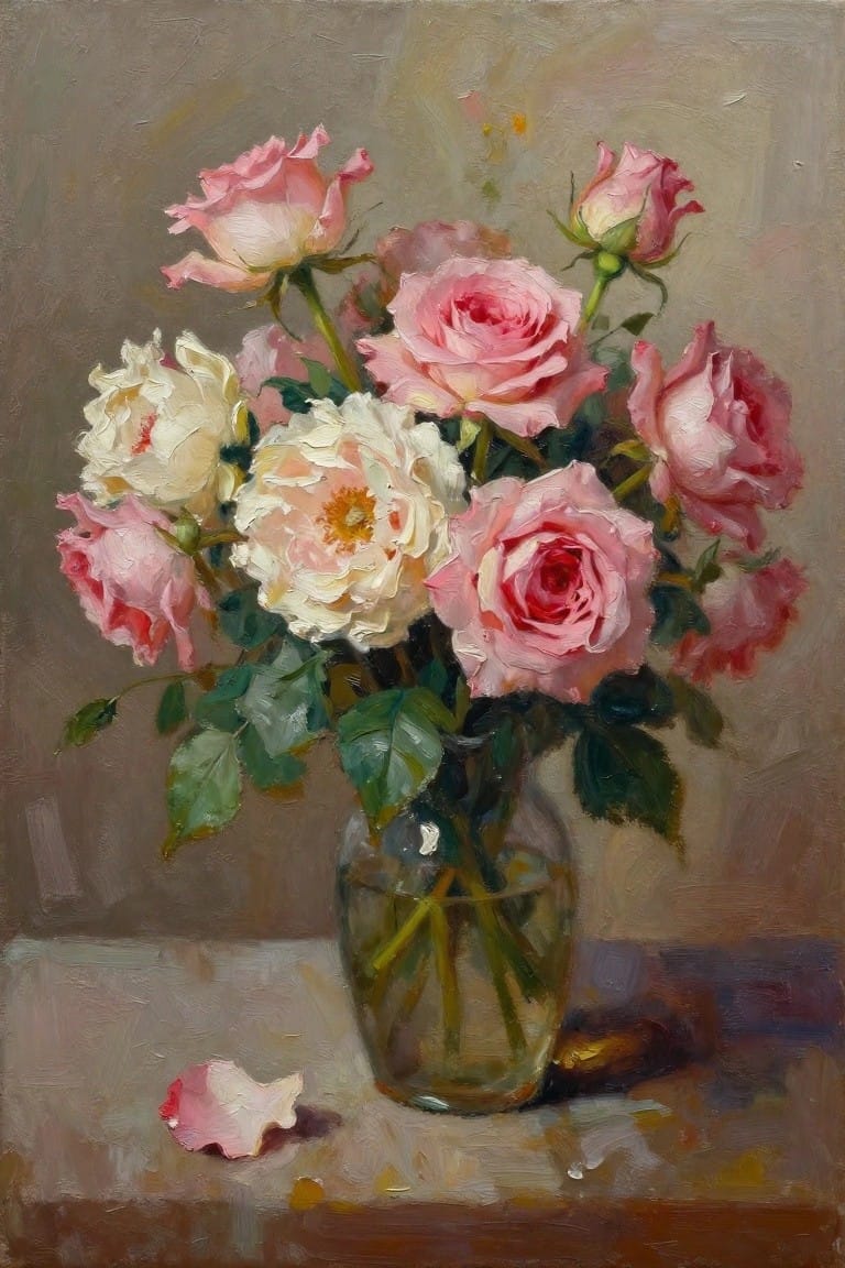 Oil painting of pink and white roses in a glass vase on a table with green leaves and a fallen pink petal.