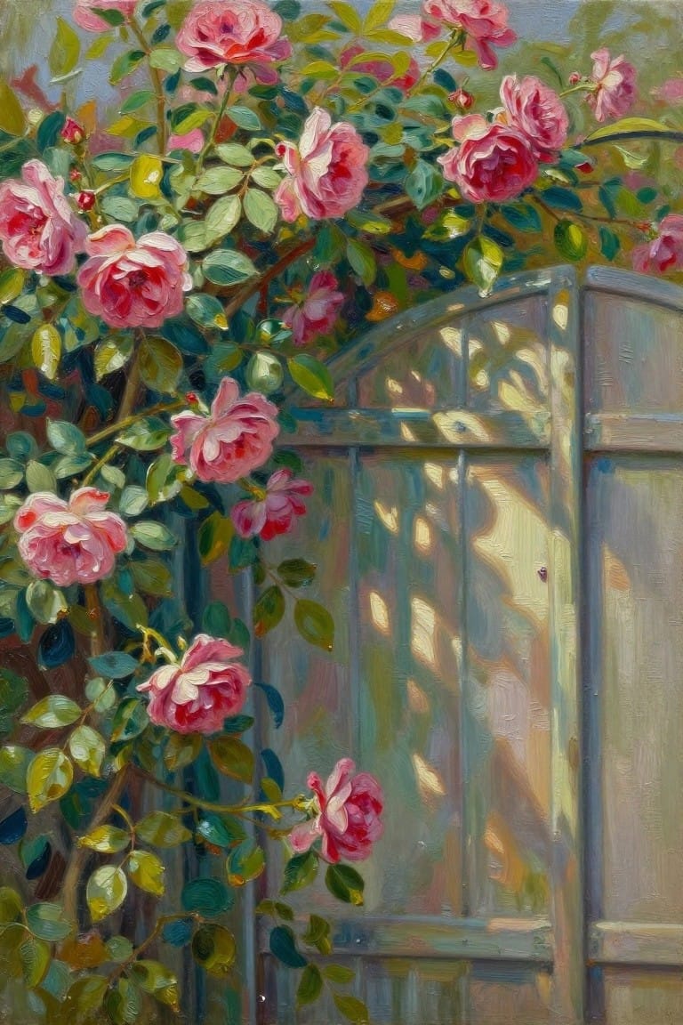 Oil painting of pink climbing roses entwined on a wooden arched garden gate with slatted shadows and soft sunlight.
