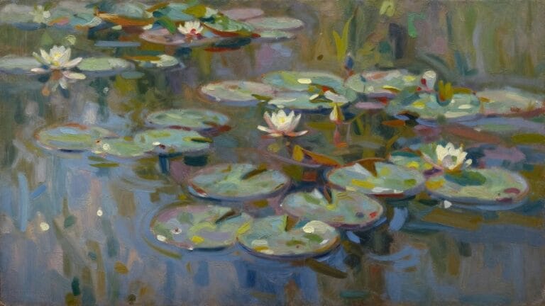 Impressionist oil painting of water lilies and pads floating on a reflective blue-green pond with soft blended colors and brushwork.