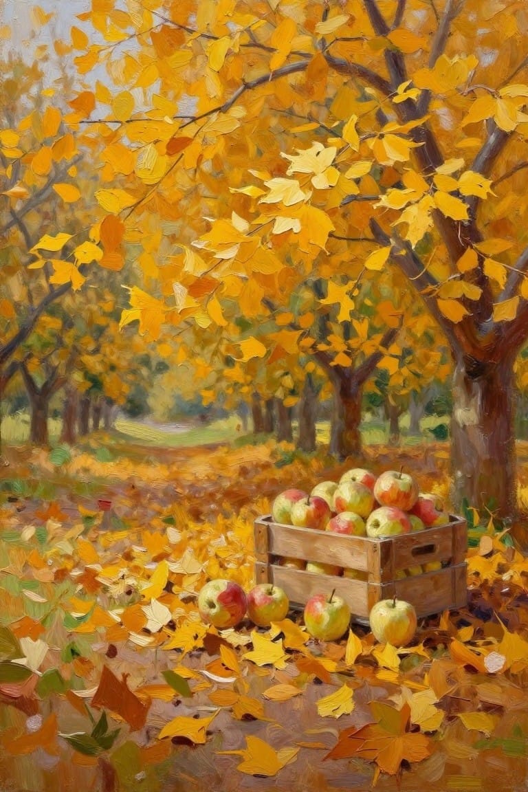 Impressionist oil painting of a wooden crate filled with red and green apples on a path in a golden-leaved maple orchard with fallen leaves.