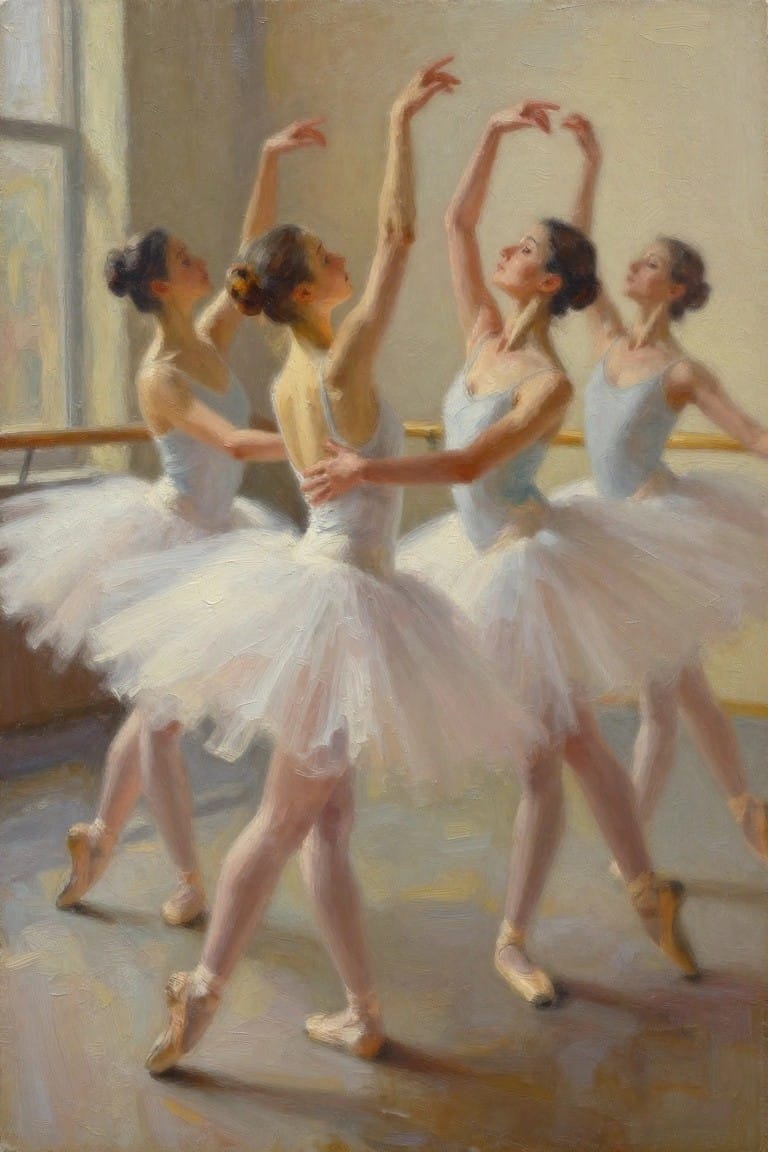 Oil painting of four ballerinas in white tutus and leotards rehearsing with arms raised in a sunlit studio near a barre.