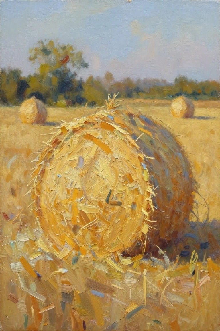 Oil painting of large hay bale in foreground of golden wheat field with smaller bales behind, trees and blue sky in background.