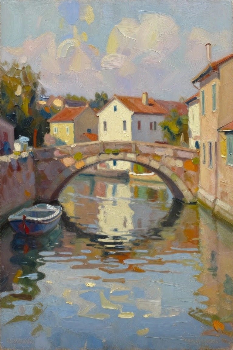 Oil painting depicting a stone arched bridge over a canal with colorful houses, a small boat, trees, and rippling water reflections under cloudy skies.