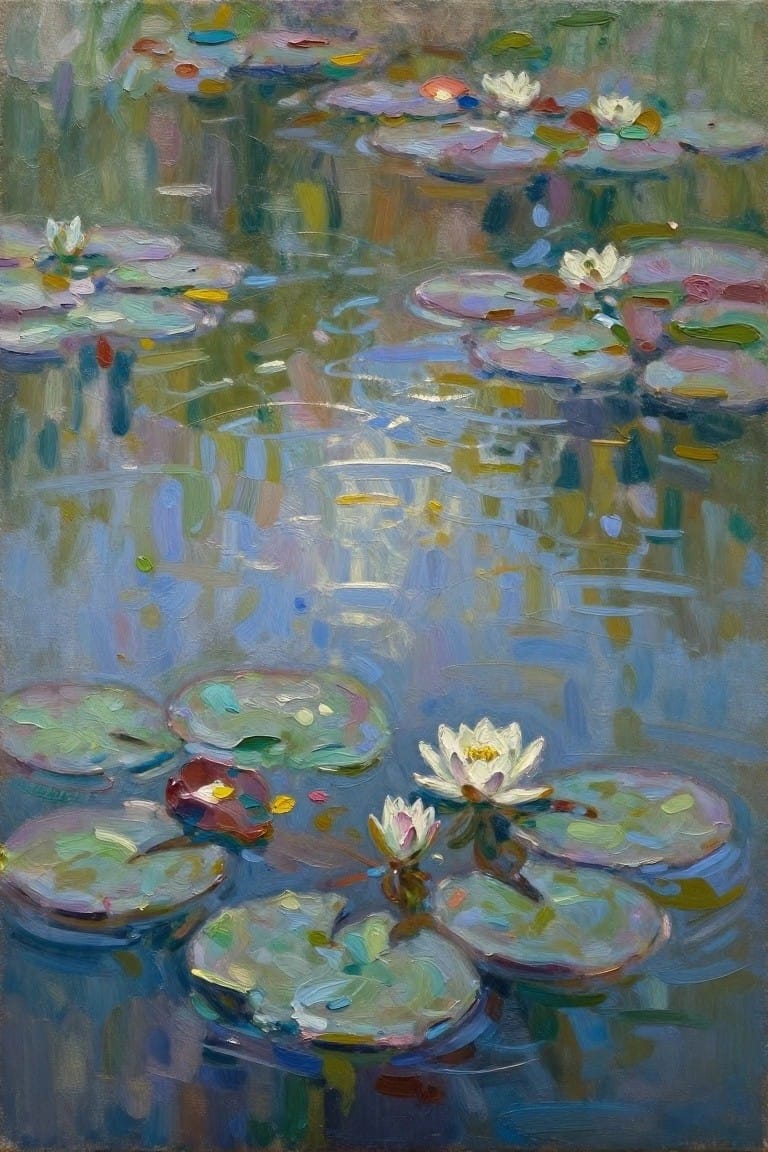Impressionist oil painting of water lilies and pads floating on a reflective blue-green pond with soft blended colors and brushwork.