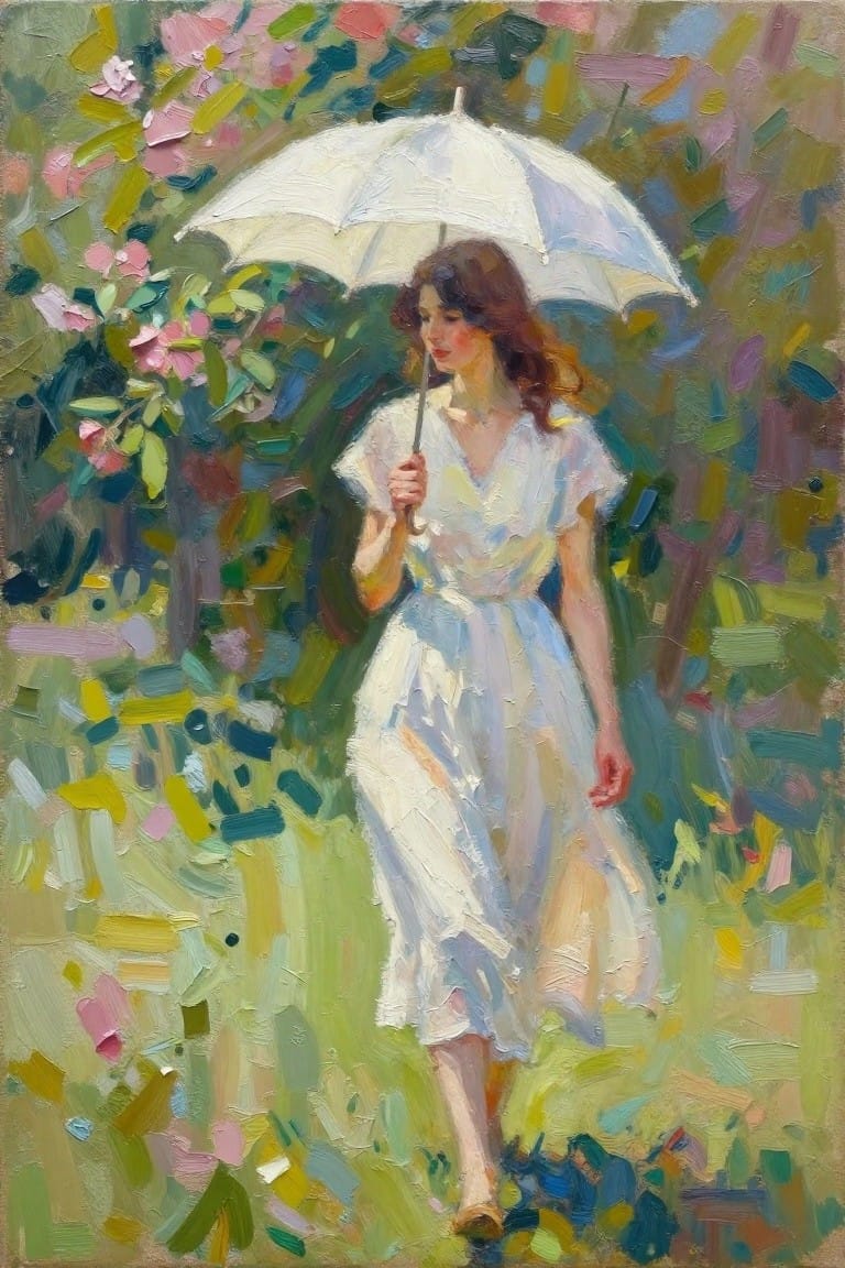 Impressionist oil painting of a woman in a flowing white dress holding a white umbrella amid pink blossoms and green garden foliage.