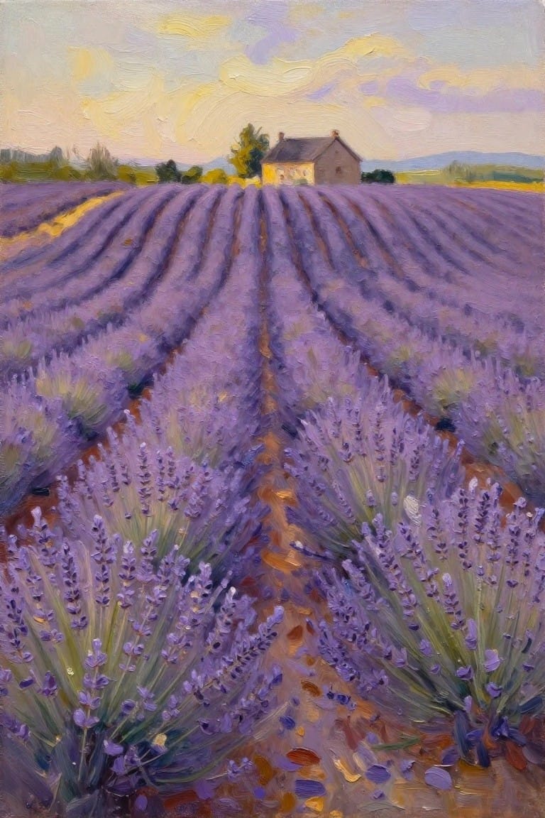 Oil painting of purple lavender fields in rows leading to a small beige cottage under a golden sunset sky with distant hills.