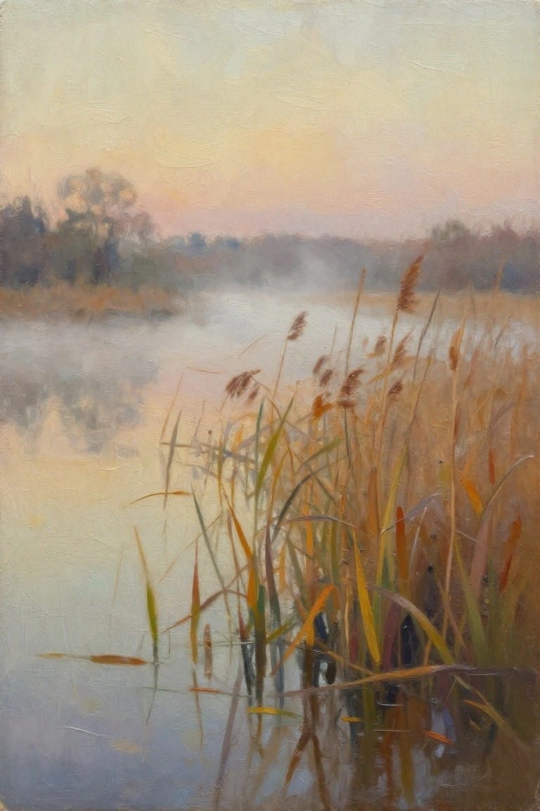 Impressionist oil painting of golden reeds in foreground over misty reflective water with distant trees and warm hazy sky.