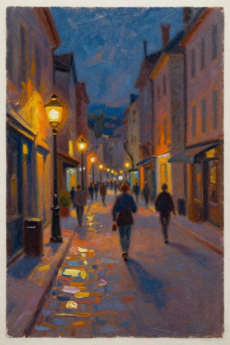 Impressionist oil painting of a narrow cobblestone street at night lit by orange street lamps, with wet pavement reflections, old buildings, and distant walking figures.
