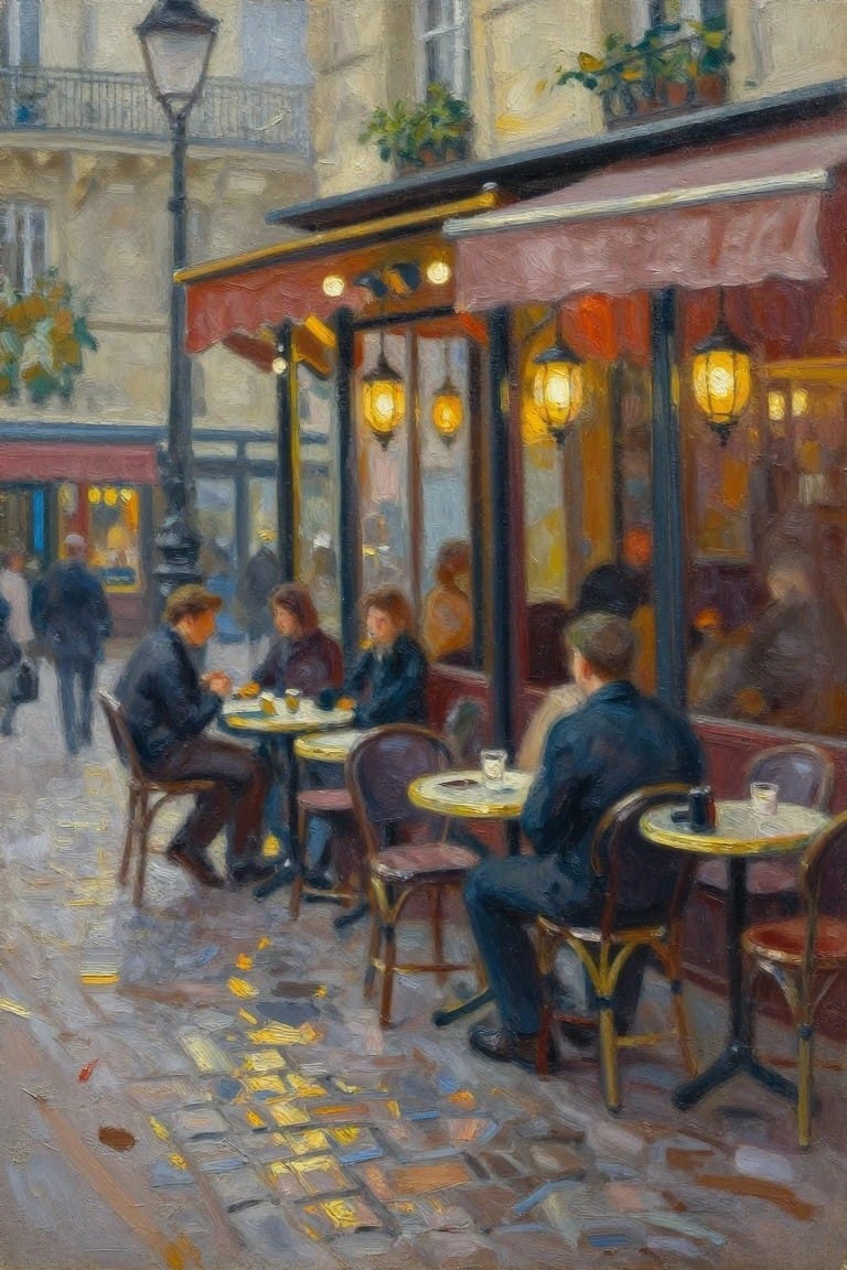 Impressionist oil painting of a Paris street café at twilight with patrons at outdoor tables, wet cobblestones reflecting lantern lights, and surrounding buildings.