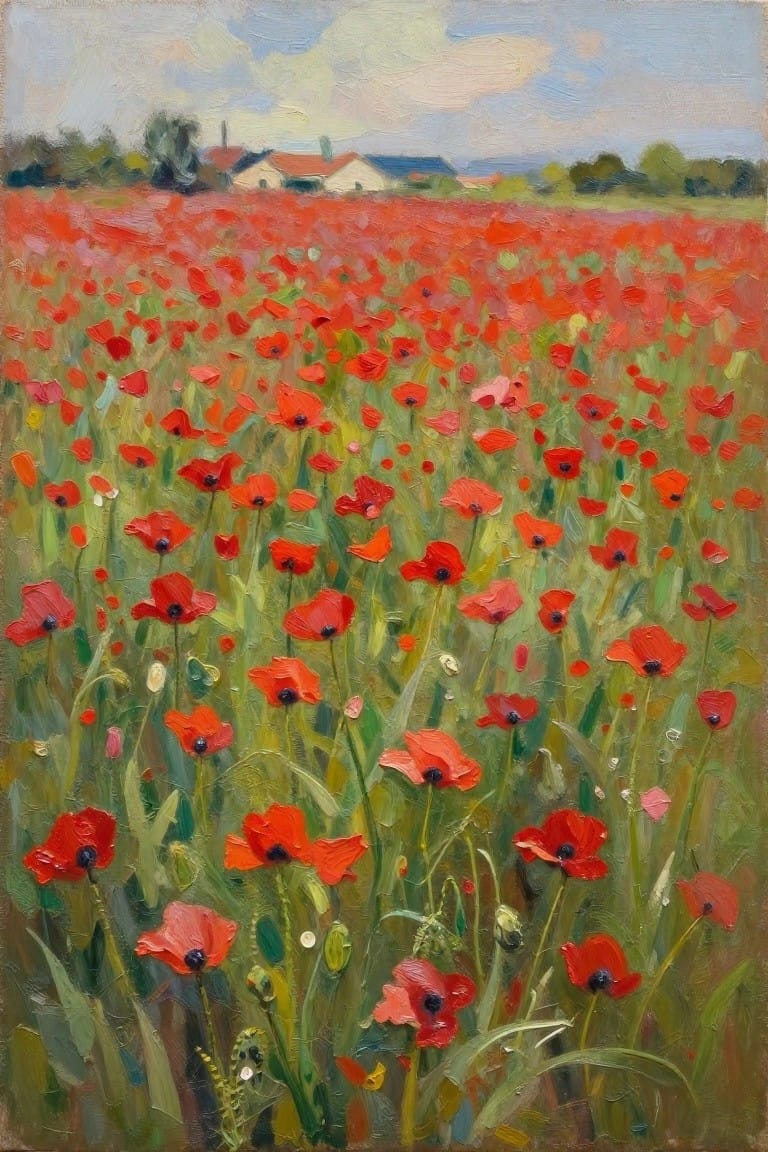 Impressionist oil painting of a red poppy field in foreground leading to green landscape, farm buildings, trees, and cloudy sky in background.