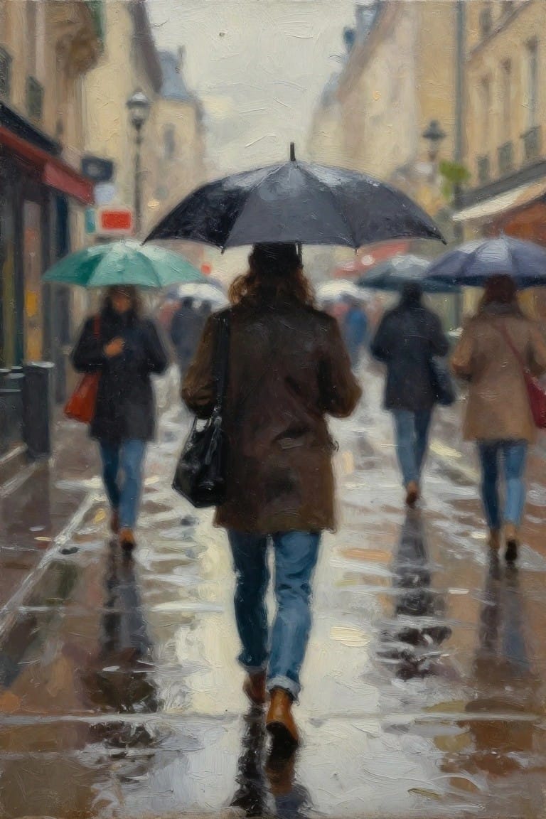 Oil painting of pedestrians with umbrellas walking away down a rainy Paris street with wet reflections and blurred buildings.