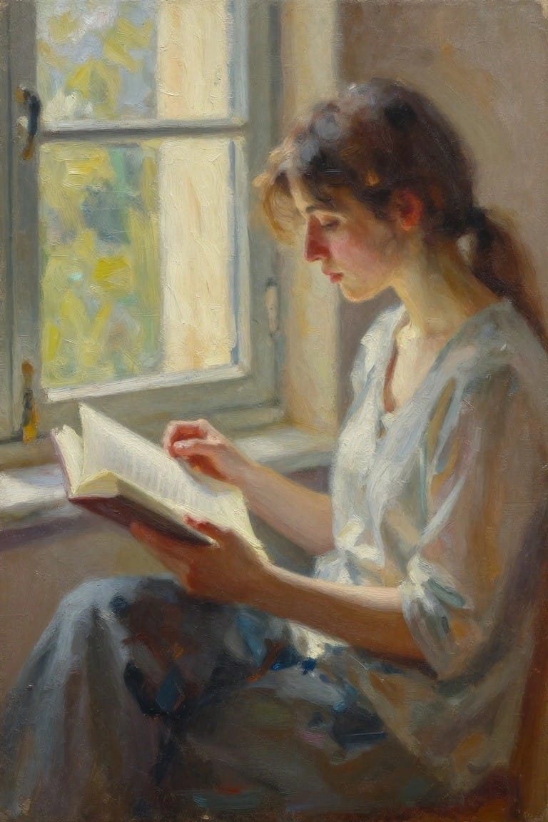 A young woman with brown hair in a ponytail sits by a window in a white dress, reading an open book in soft sunlight.